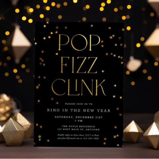 Pop Fizz Clink Schwarzes Gold Neujahrsfest Party Einladung
