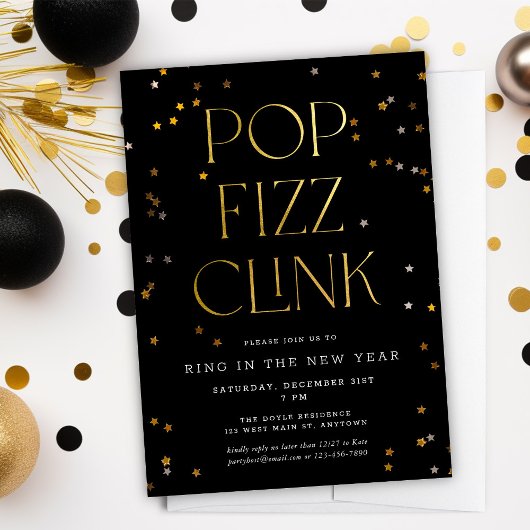 Pop Fizz Clink Schwarzes Gold Neujahrsfest Party Einladung