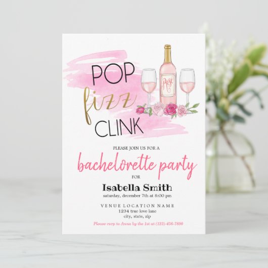 POP. FIZZ. KLINK. Junggeselinnen-Abschied Einladung (Stehend Vorderseite)