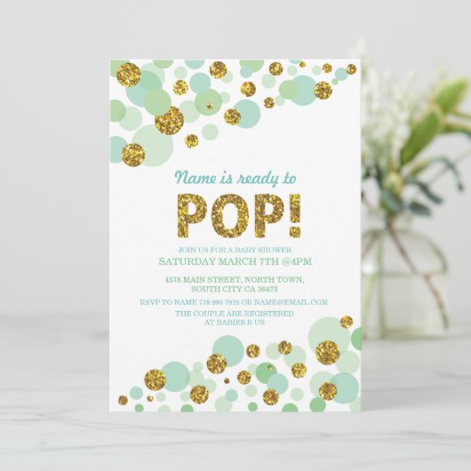 Pop Gender Reveal Baby Shower Mint Gold Einladung (Stehend Vorderseite)