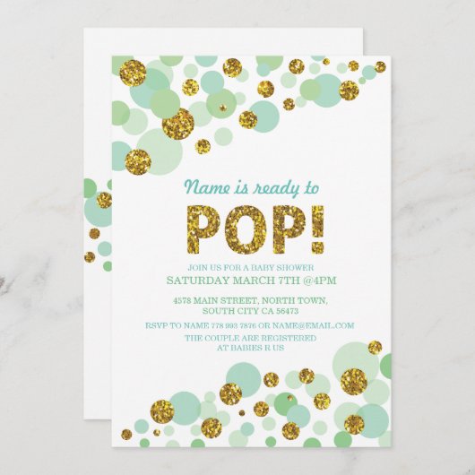 Pop Gender Reveal Baby Shower Mint Gold Einladung (Vorne/Hinten)