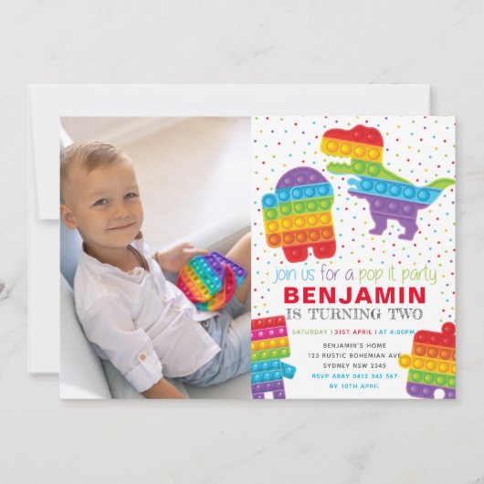 Pop It Boy Birthday Dinosaur Robot Foto Einladung (Vorderseite)