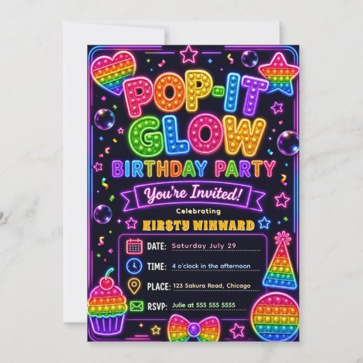 Pop It Glow Party Geburtstagsfeier Einladung (Vorderseite)
