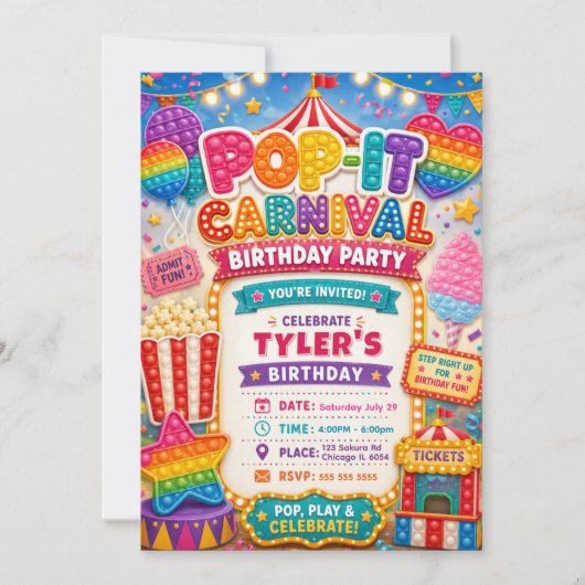 Pop-It-Karneval-Geburtstagsfeier Einladung (Vorderseite)