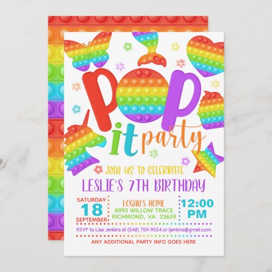 Pop It Party Geburtstagseinladung - Regenbogen Einladung (Vorne/Hinten)