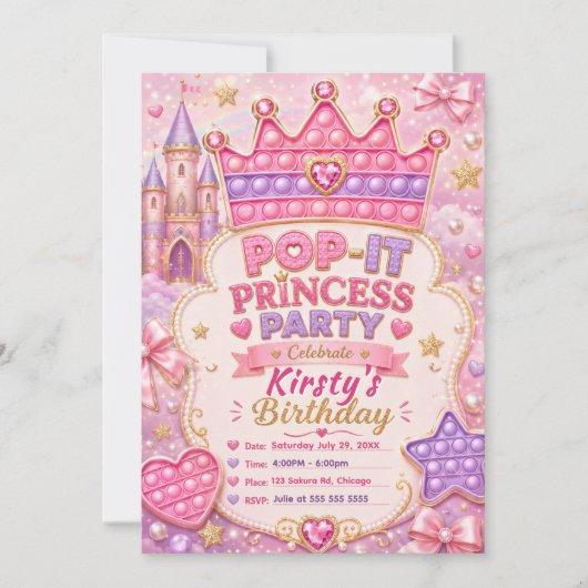 Pop-It Prinzessin Geburtstagsfeier Einladung (Vorderseite)