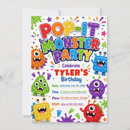 Pop It Süße Monster Geburtstagsfeier Einladung (Vorderseite)