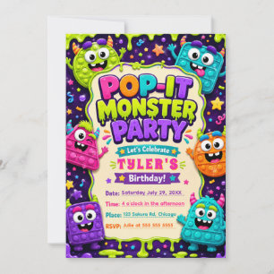 Pop It Süße Monster Geburtstagsfeier Einladung