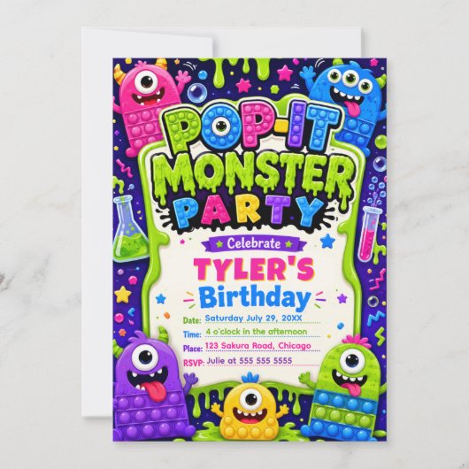 Pop It Süße Monster Geburtstagsfeier Einladung (Vorderseite)
