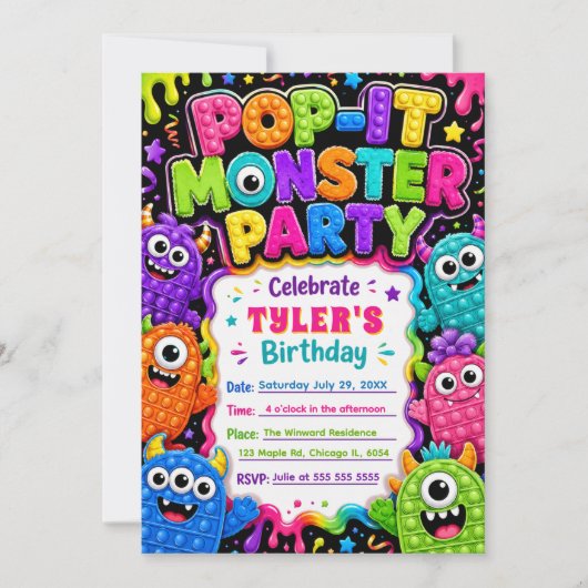Pop It Süßes Monster Geburtstagsfeier Einladung (Vorderseite)