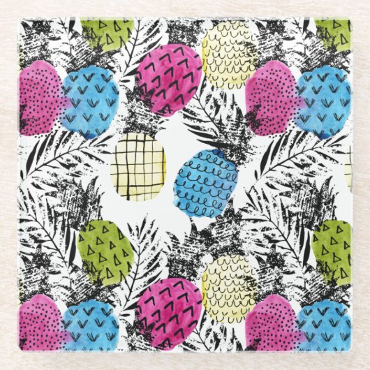 Pop-Kunst-Ananas und Palmblätter 2 Glasuntersetzer (Vorderseite)