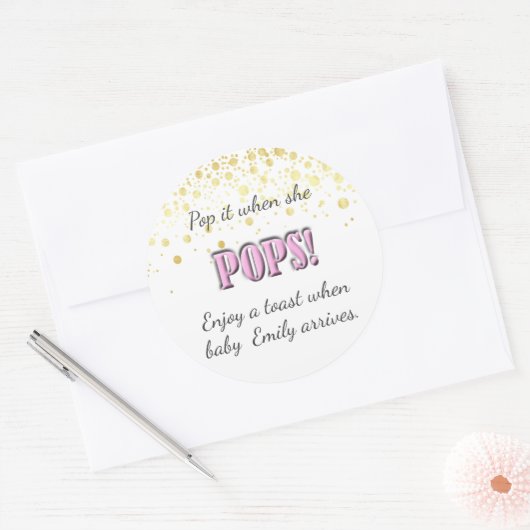 Pop! Rosa, Babydusche, Wein, Champagner, Runder Aufkleber (Umschlag)