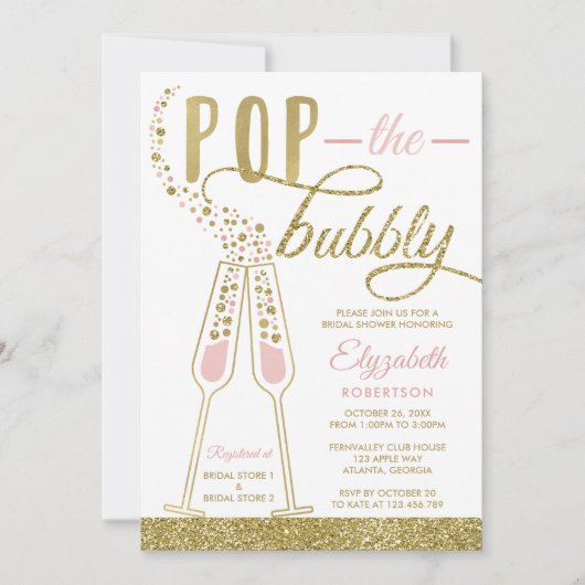 Pop The Bubbly Brautparty Einladung, Imitate Gold Einladung (Vorderseite)
