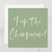 Pop The Champagne Sage Green Script Brautparty Einladung (Vorne/Hinten)