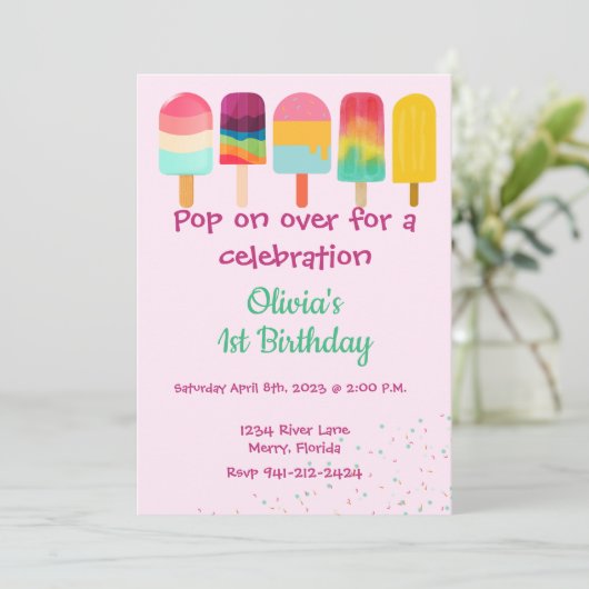 Pop über Sommer Thema Geburtstag Einladung (Stehend Vorderseite)