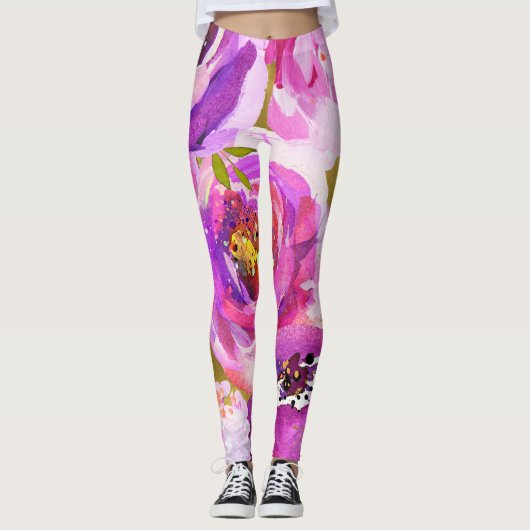 Pop von rosa und Lila floralen Leggings (Vorderseite)