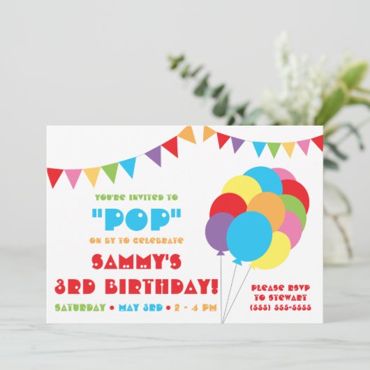 Pop weiter bis zum Feiern! Rainbow Balloon & Bbunt Einladung (Stehend Vorderseite)
