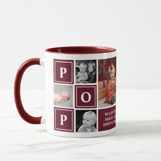 Pop Wir Liebe Sie Maroon Custom Foto Collage Tasse (Links)