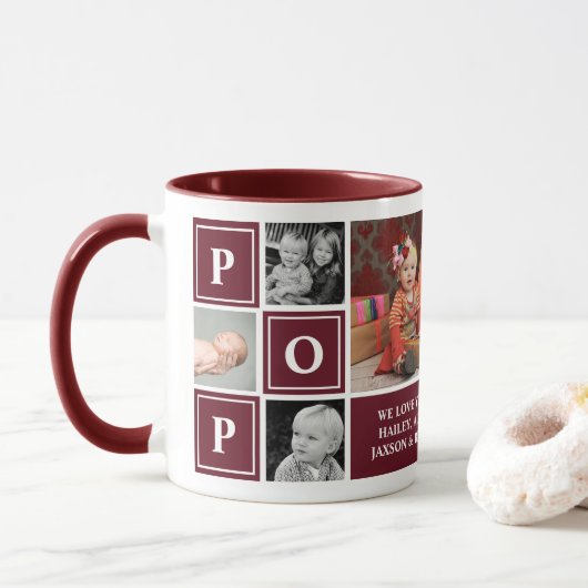 Pop Wir Liebe Sie Maroon Custom Foto Collage Tasse (Mit Donut)