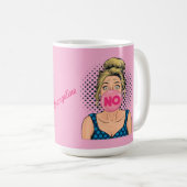 Popart Mädchen mit rosa Bubble Gum personalisiert Kaffeetasse (VorderseiteRechts)