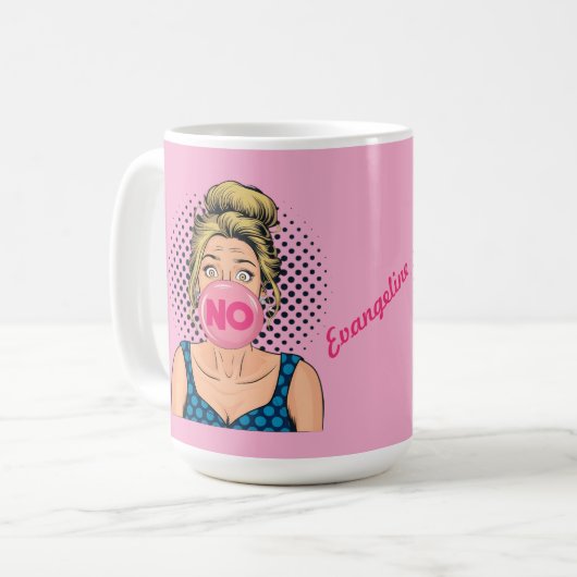 Popart Mädchen mit rosa Bubble Gum personalisiert Kaffeetasse (Vorderseite Links)