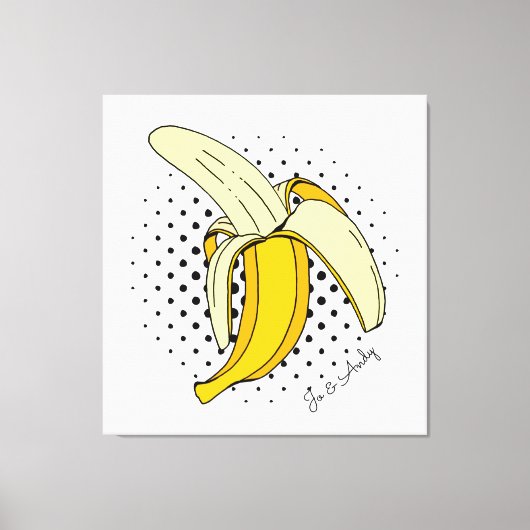 Popart Peeling Bananenfrucht auf Halftone Dots Leinwanddruck (Vorderseite)