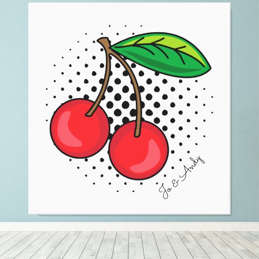 Popart Rote Kirschen auf Halftone Dots Canvas Prin Leinwanddruck (Insitu (Holzboden))