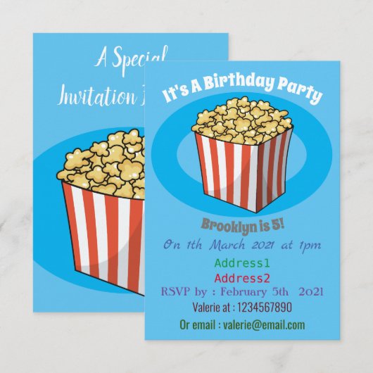 Popcorn-Cartoon-Abbildung Einladung (Vorne/Hinten)