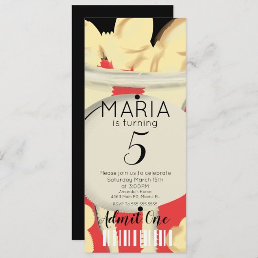 Popcorn Hand Dravies Ticket Style Party I Einladung (Vorne/Hinten)