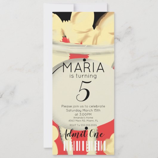 Popcorn Hand Dravies Ticket Style Party I Einladung (Vorderseite)