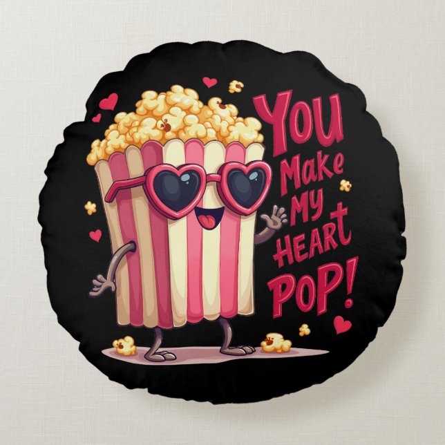 Popcorn Heart Pop Valentine Design Rundes Kissen (Vorderseite)