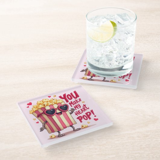Popcorn-Herz-Pop-Valentins-Design Glasuntersetzer (Schrägansicht)