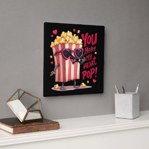 Popcorn-Herz-Pop-Valentins-Design Quadratische Wanduhr