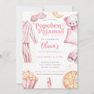 Popcorn Pajamas Sleepover Slumber Party Geburtstag Einladung