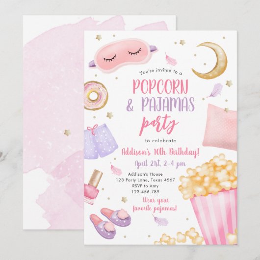 Popcorn Pajamas Sleepover Slumber Party Geburtstag Einladung (Vorne/Hinten)