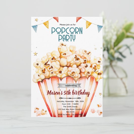Popcorn party theme invitation einladung (Stehend Vorderseite)