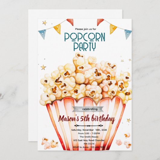 Popcorn party theme invitation einladung (Vorne/Hinten)