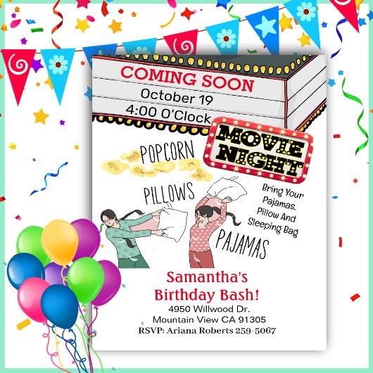 Popcorn Pillows Pajamas Girl Movie Night Geburtsta Einladung