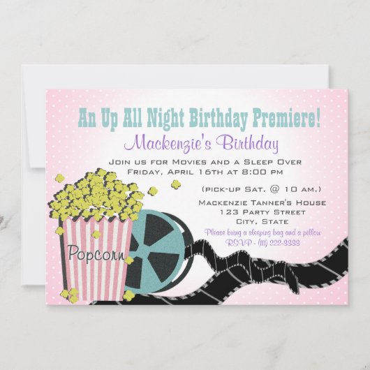 Popcorn und ein Movie Sleepover Einladung (Vorderseite)