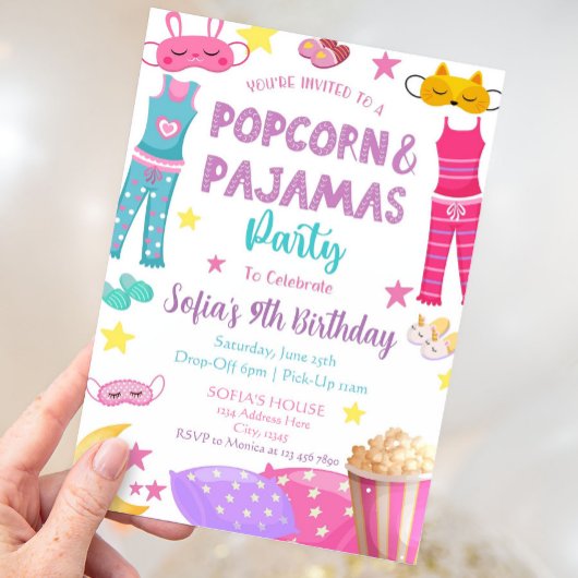 Popcorn und Pajamas Party Einladung