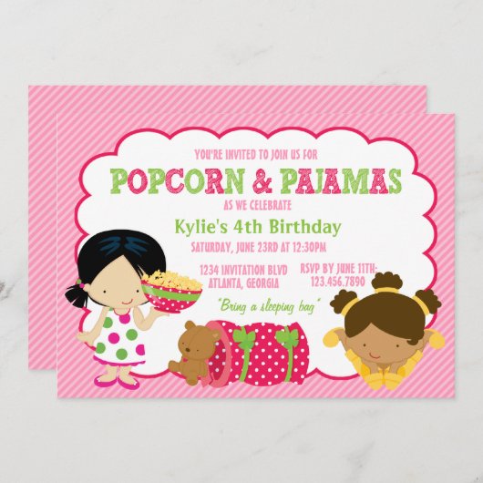 Popcorn und Pajamas Sleepover Party Einladung (Vorne/Hinten)