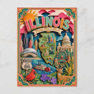 PopCut Staaten Illinois Farbige 3D-Papierkunst Postkarte