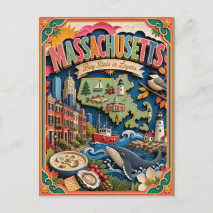 PopCut Staaten Massachusetts Farbige 3D-Papierkuns Postkarte