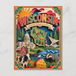 PopCut Staaten Wisconsin Farbige 3D-Papierkunst Postkarte