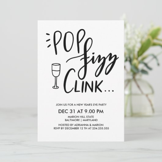 PopFizzclink-handgeschriebenes neues Jahr-Party Einladung (Stehend Vorderseite)