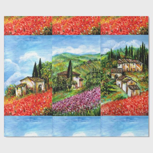 POPPIEN, IRISEN, ANTIKES RUSTIKDORF IN DER Toskana Geschenkpapier (Flach)