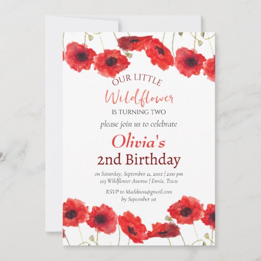 Poppies 2nd Second Birthday Girl Red Floral Einladung (Vorderseite)