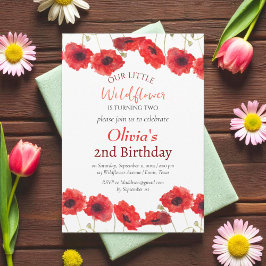 Poppies 2nd Second Birthday Girl Red Floral Einladung