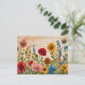 Poppies and Wildflowers on Soft Rustic Wood Postkarte (Stehend Vorderseite)