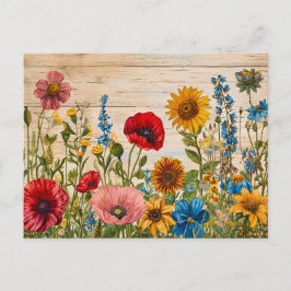Poppies and Wildflowers on Soft Rustic Wood Postkarte